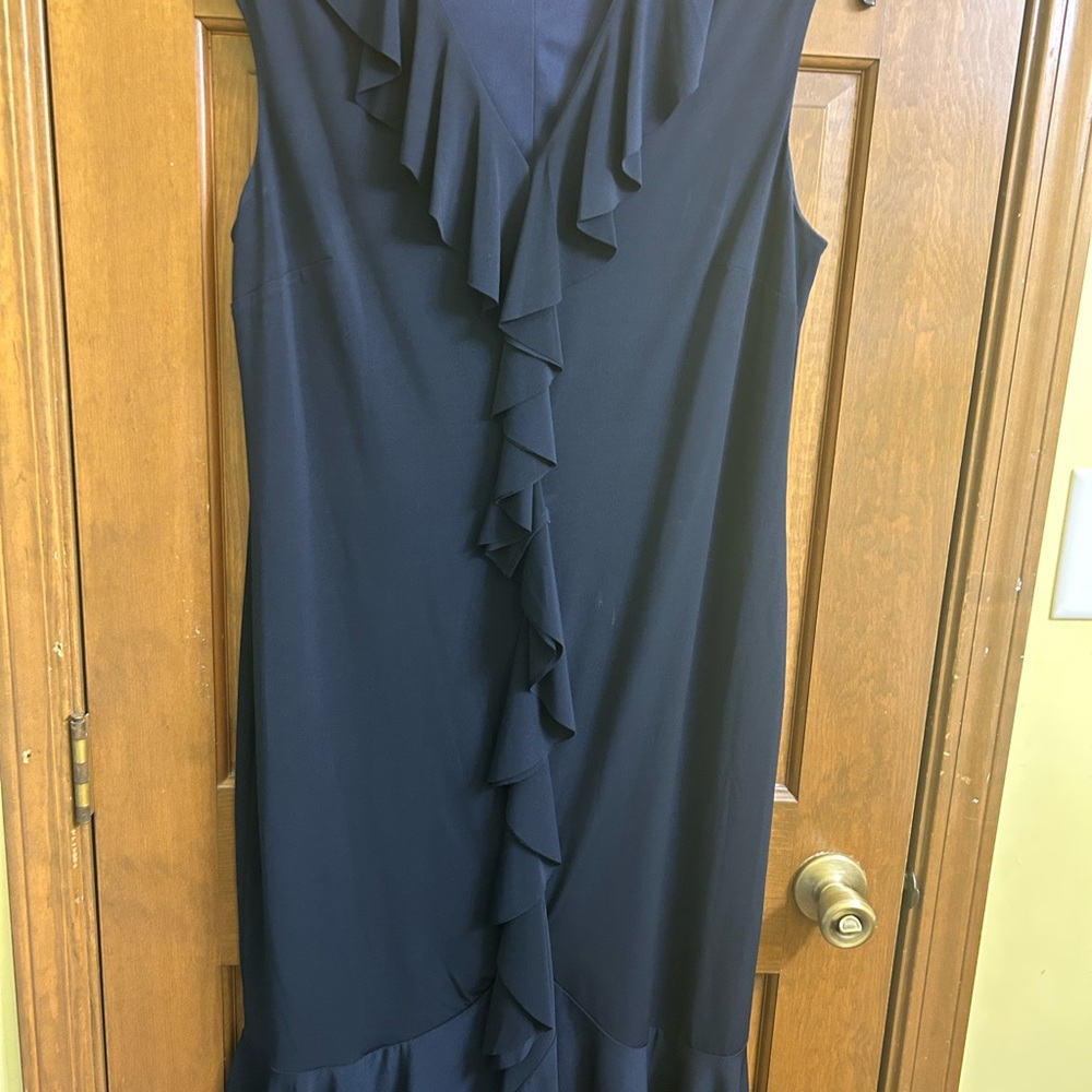 Roz & Ali navy Sheath Midi Dress with Cowl Neck